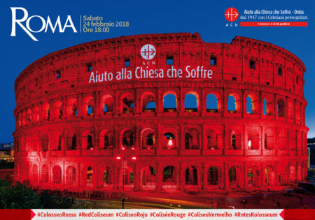 Aid to the Church in Need supports the suffering and persecuted Church around the world, calls attention to their plight by lighting in red Rome's Colesseum