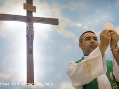 Brazil,
Father Junior, 35, rector of the minor seminay in Juina during the Mass consecration.