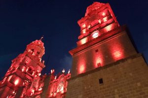 The Cathedral of Morelia illuminated in red light in support of suffering and martyred faithful around the world.