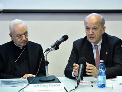 Cardinal Mauro Piacenza, ACN's International President (l) And Thomas Heine Geldern, ACN's New Executive President, speaking at Rome press conference July 4, 2018